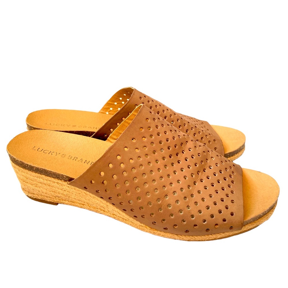 Lucky Brand Brown Leather Slide Sandals 9.5 Perforated Espadrille Wedge Mule